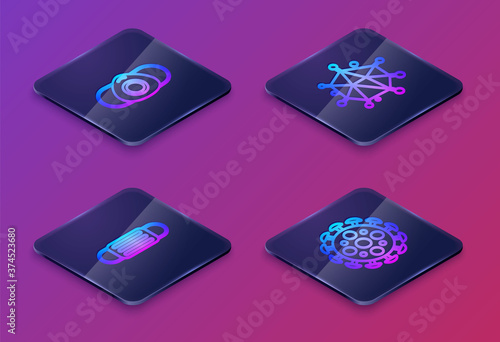 Set Isometric line Medical protective mask, , Virus and . Blue square button. Vector.