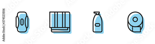Set line Bottle of liquid antibacterial soap, Sanitary napkin, Towel stack and Toilet paper roll icon. Vector.