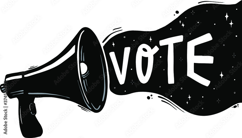 creative lettering quote 'Vote' and loudspeaker / megaphone for elections' posters, banners, stickers, prints, cards, logos, signs, etc. Typography inscription. EPS 10