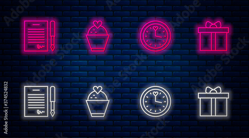 Set line Wedding cake with heart, Clock, Marriage contract and Gift box. Glowing neon icon on brick wall. Vector.