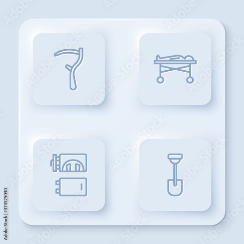 Set line Scythe, Dead body in morgue, Crematorium and Shovel. White square button. Vector.