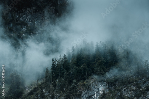 Mist and fog clouds hanging in the mountain on a rainy weather day with mountain and tree shilhouettes. Dramatic mountain view. Austrian Alps, Salzkammergut in Austria, Europe