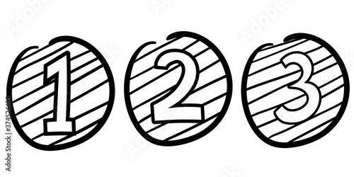 hand-drawn number one two three vector doodle.