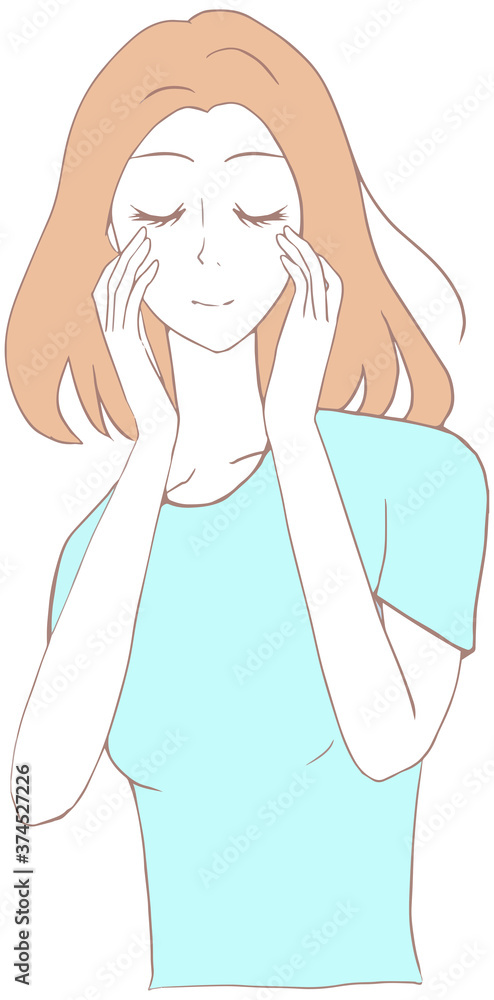 顔を触る若い可愛い女性のイラスト 顔を触る若い可愛い女性のイラスト