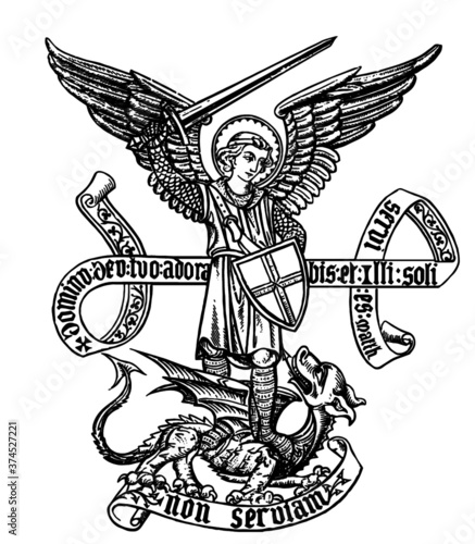Obraz na płótnie Saint Michael defeating Satan Line Art