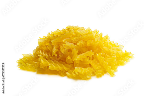 Gluten free dried fusilli pasta made from maize and rice flour isolated on white