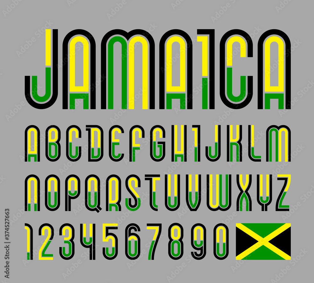 Font Jamaica. Trendy bright alphabet, colorful letters on a gray background.
