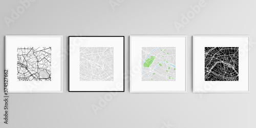 Realistic vector set of square picture frames isolated on gray background with urban city map of Paris.