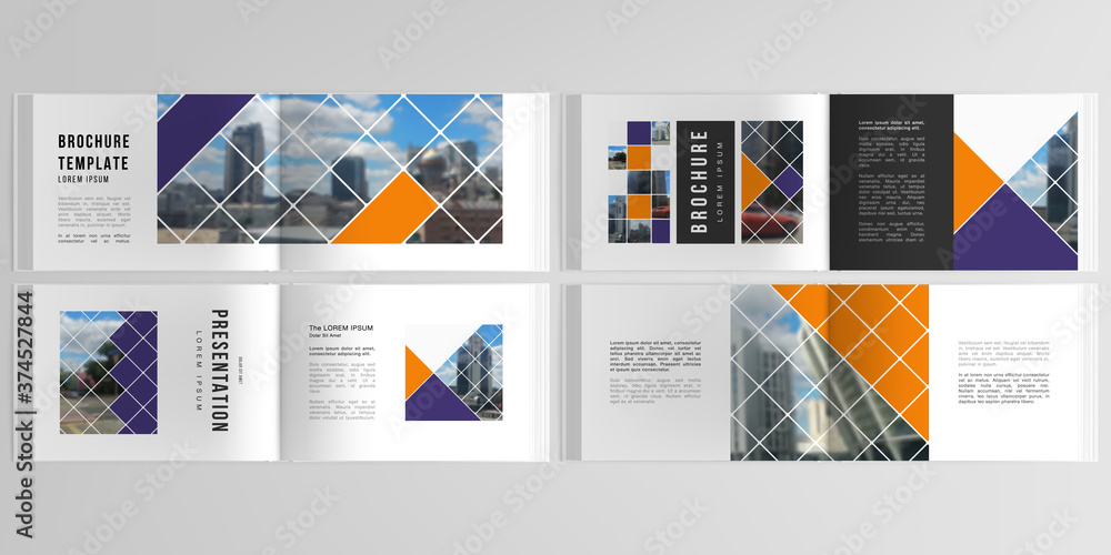 Vector layouts of horizontal presentation templates for landscape design brochure, cover design, book design, magazine. Abstract design project in geometric style with squares and place for photo. - obrazy, fototapety, plakaty 