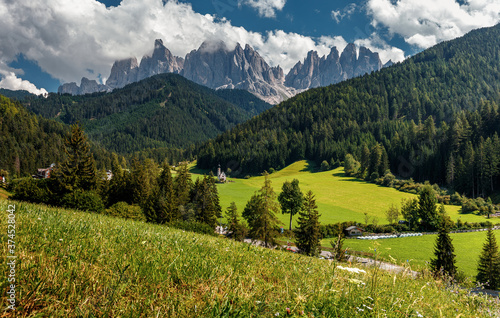 Fabulous nature in summer. Incredible landscape with mountain peaks, sprue forest and alpine meadow with fresh green grass. Amazing mountains landscape. Santa Maddalena. Dolomites. Italy. © jenyateua