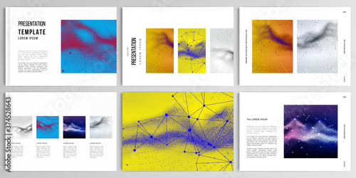 Vector layouts of presentation design templates for brochure, cover design, flyer, book design, magazine. Colorful wavy particle surface background for technology or science cyber space concept.