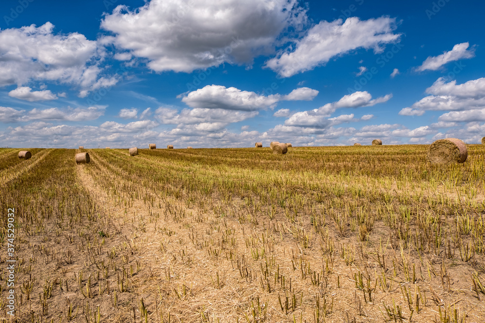 Hay bales under cloudy sky on harvested wheat field.