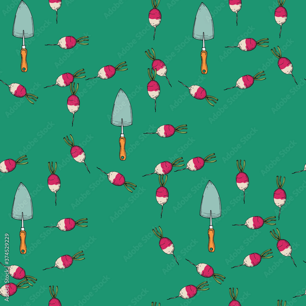 vector seamless pattern garden shovel and radish on a bright background vector seamless pattern garden shovel and radish on a bright background