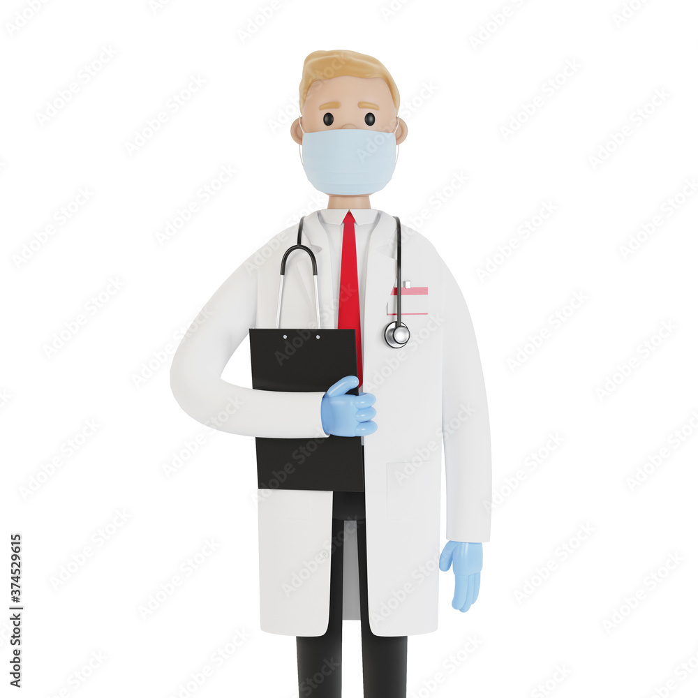 Portrait of a doctor wearing a mask and gloves. 3D illustration in cartoon style. Portrait of a doctor wearing a mask and gloves. 3D illustration in cartoon style.