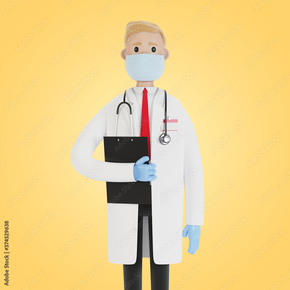 Portrait of a doctor wearing a mask and gloves. 3D illustration in cartoon style. Portrait of a doctor wearing a mask and gloves. 3D illustration in cartoon style.