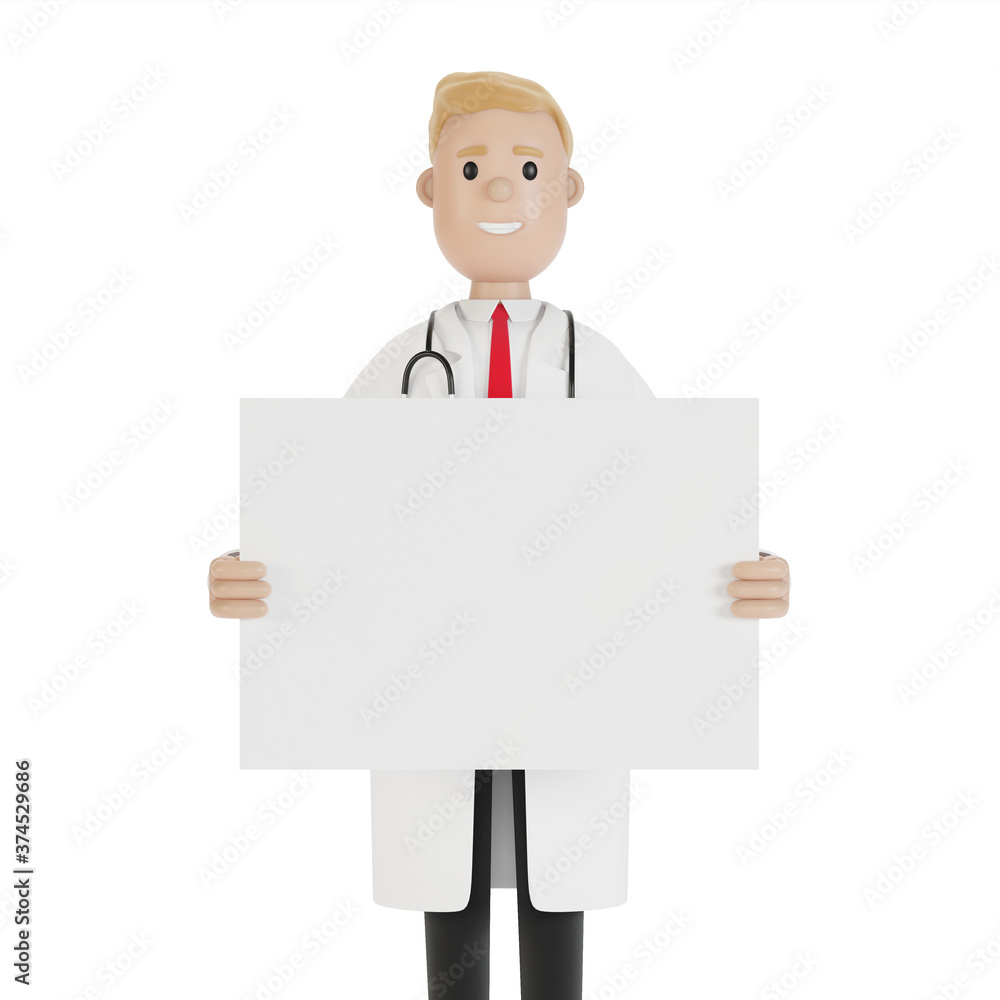 Medical specialist holding a blank poster. 3D illustration in cartoon style. Medical specialist holding a blank poster. 3D illustration in cartoon style.