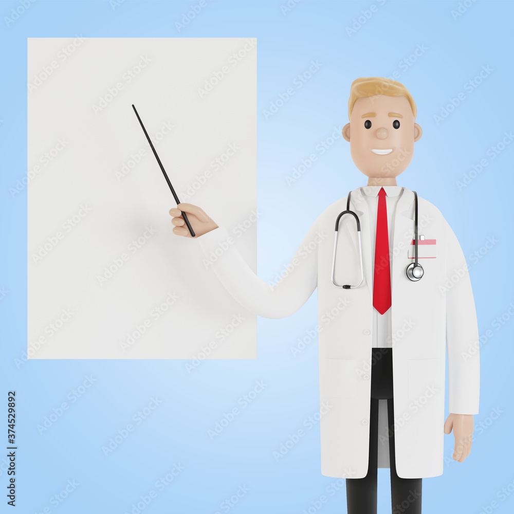 A male doctor stands and points to a presentation board. Vision test. 3D illustration in cartoon style. A male doctor stands and points to a presentation board. Vision test. 3D illustration in cartoon style.