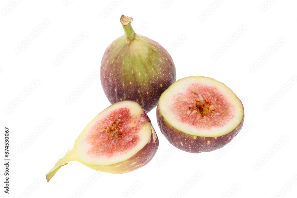 Fresh purple fig fruit and slices with leaf isolated on white background Fresh purple fig fruit and slices with leaf isolated on white background