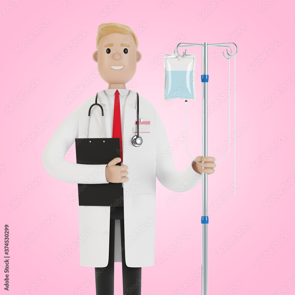 Doctor with a dropper. Toxicology, intexication, decontamination. Health care concept. Medical equipment. 3D illustration in cartoon style.