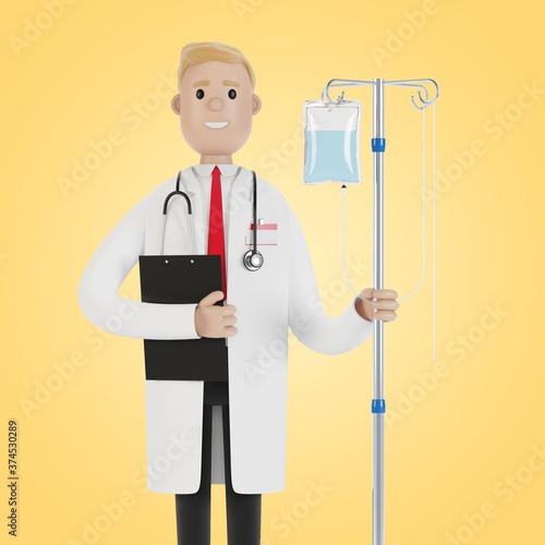 Doctor with a dropper. Toxicology, intexication, decontamination. Health care concept. Medical equipment. 3D illustration in cartoon style.