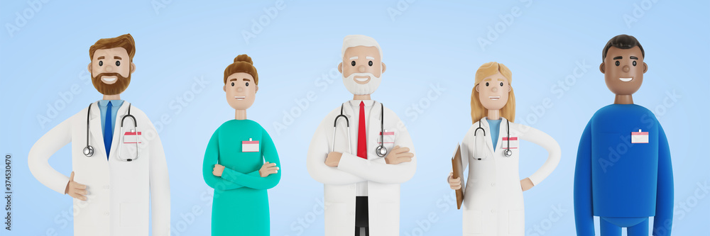 Doctors. A group of medical workers. Chief physician and medical specialists. 3D illustration in cartoon style. Doctors. A group of medical workers. Chief physician and medical specialists. 3D illustration in cartoon style.