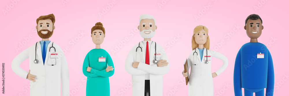 Doctors. A group of medical workers. Chief physician and medical specialists. 3D illustration in cartoon style. Doctors. A group of medical workers. Chief physician and medical specialists. 3D illustration in cartoon style.