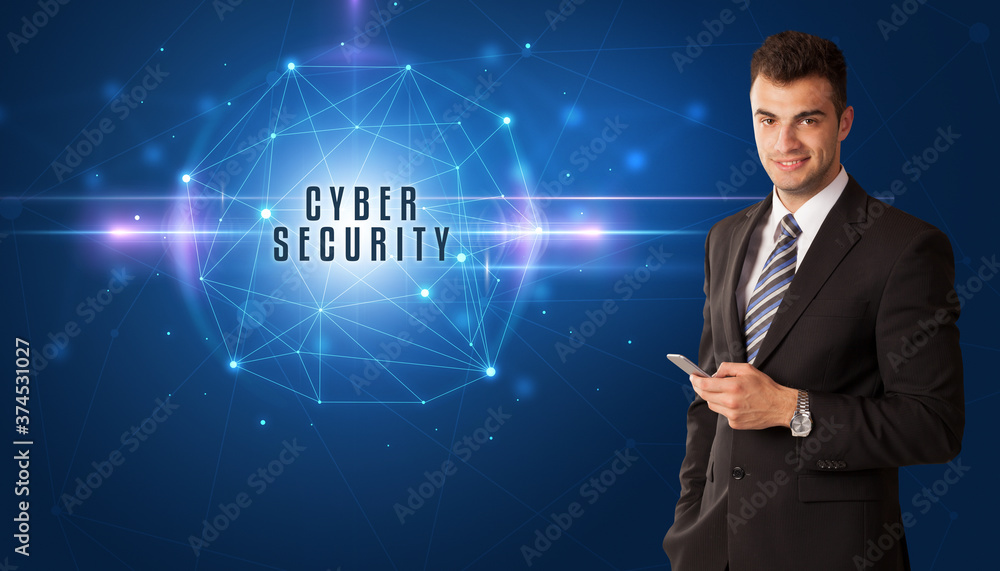 Businessman thinking about security solutions with CYBER SECURITY inscription Businessman thinking about security solutions with CYBER SECURITY inscription