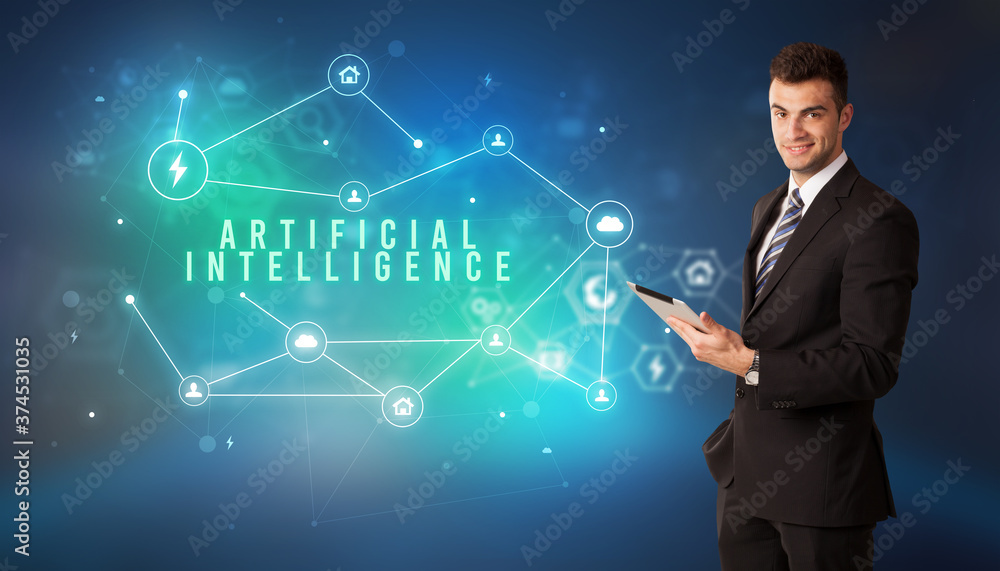 Businessman in front of cloud service icons with ARTIFICIAL INTELLIGENCE inscription, modern technology concept Businessman in front of cloud service icons with ARTIFICIAL INTELLIGENCE inscription, modern technology concept