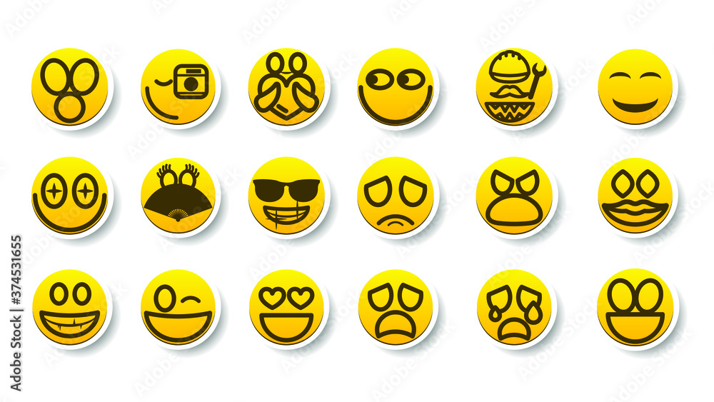 Fototapeta premium Set Of Yellow Sticker Collection Color Smile Different Emotions Emoticons Face Vector Design Cartoon Style With Shadows