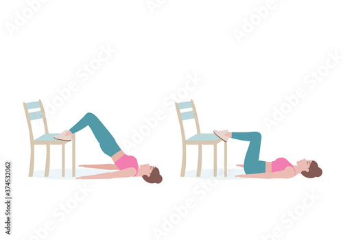 Exercises that can be done at-home using a sturdy chair.
with Hip Thrust posture. Isolated vector illustration in cartoon style.