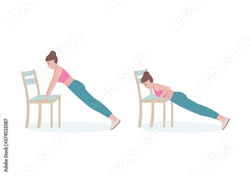 Exercises that can be done at-home using a sturdy chair.
Woman quickly alternate lifting her knees high to lightly tap the seat with her toes with Push-up posture. Illustration in cartoon style.