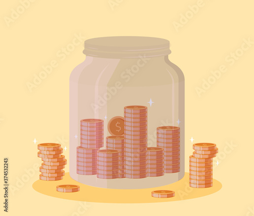 The young man's hand was pouring money into a glass jar full of the savings. Illustration about drop the jar.