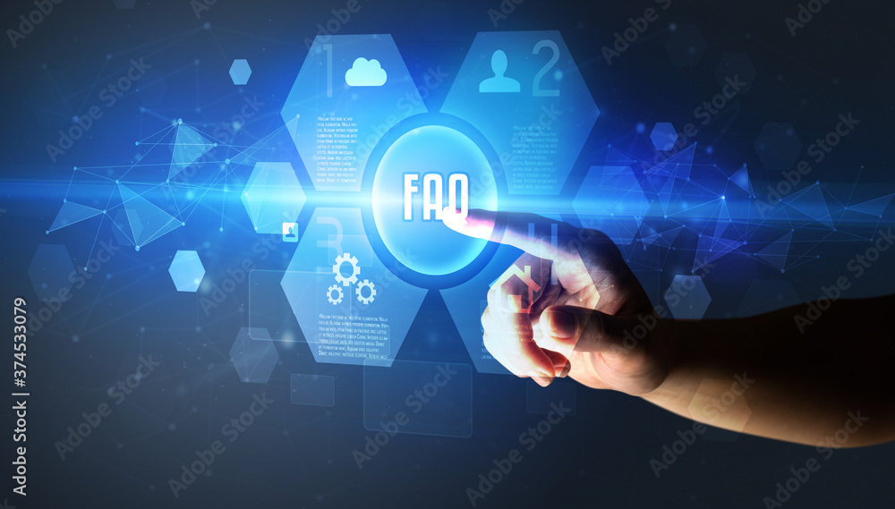 Hand touching FAQ inscription, new technology concept Hand touching FAQ inscription, new technology concept