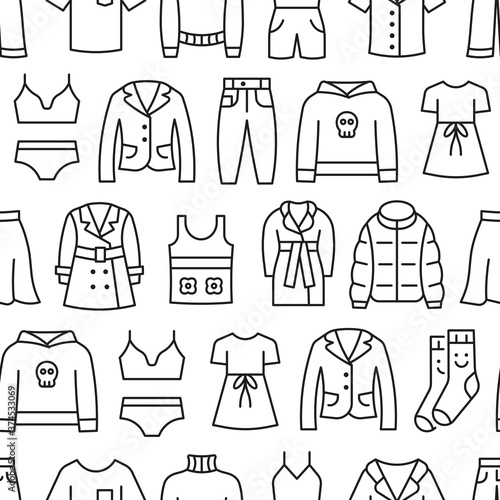 Woman clothing line icon seamless pattern. Dress  skirt  blazer  jacket  jeans  pants  sweater flat signs. Vector background.
