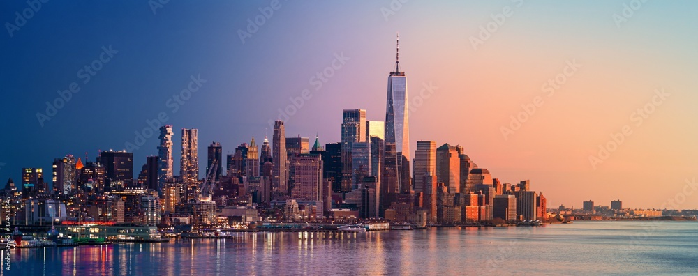 New York City downtown skyline day and night - obrazy, fototapety, plakaty 