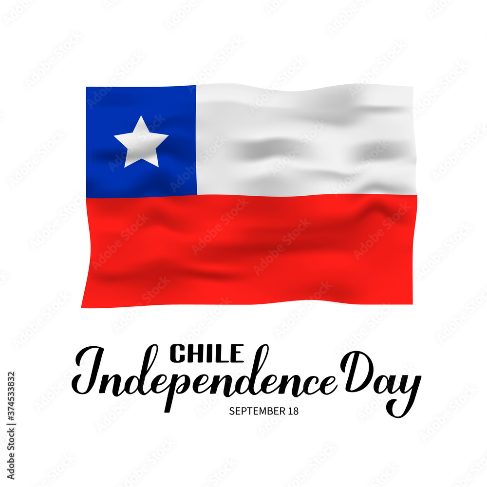 Chile Independence Day calligraphy hand lettering with flag isolated on white. Chilean holiday celebrated on September 18. Vector template for typography poster, banner, greeting card, flyer, etc. Chile Independence Day calligraphy hand lettering with flag isolated on white. Chilean holiday celebrated on September 18. Vector template for typography poster, banner, greeting card, flyer, etc.