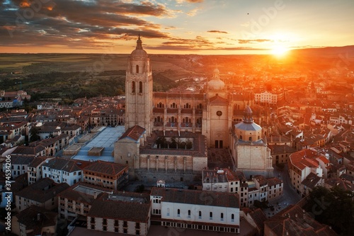Segovia Cathedral aerial view sunrise