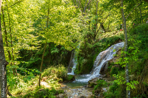 Fototapeta Naklejka Na Ścianę i Meble -  Beautiful mountain waterfall Gostilje in a green forest on natural park Zlatibor, Serbia in Europe on a sunny summer day