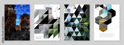 A4 brochure layout of covers design template with triangles, triangular pattern for flyer leaflet, A4 brochure design, report, presentation, magazine cover, book design.Background with place for photo