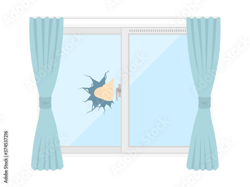 窓ガラスを割って侵入する空き巣のイラスト