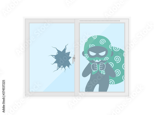 窓ガラスを割って侵入する空き巣のイラスト