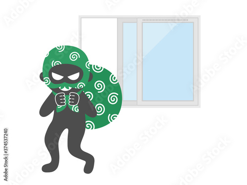窓ガラスを割って侵入する空き巣のイラスト
