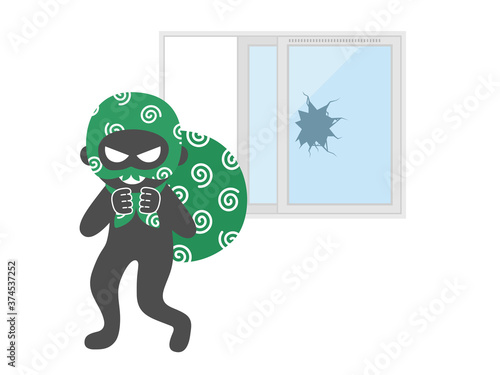 窓ガラスを割って侵入する空き巣のイラスト