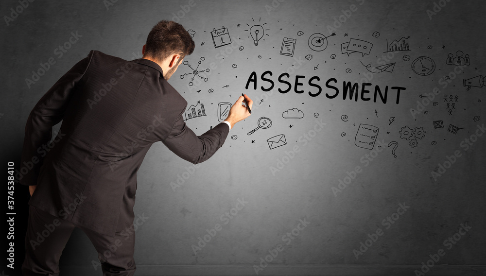 businessman drawing a creative idea sketch with ASSESSMENT inscription, business strategy concept businessman drawing a creative idea sketch with ASSESSMENT inscription, business strategy concept
