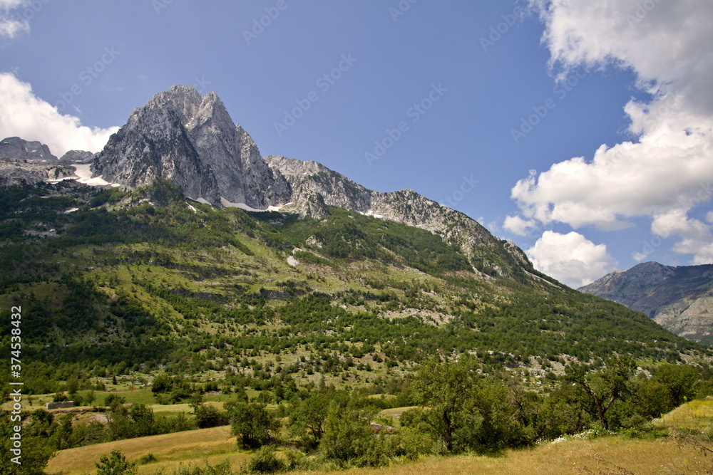 View of the Prroni i Thate River Valley and Albanian Alps. Albania. Europe.