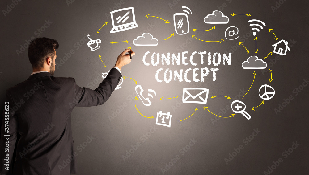 businessman drawing social media icons with CONNECTION CONCEPT inscription, new media concept businessman drawing social media icons with CONNECTION CONCEPT inscription, new media concept
