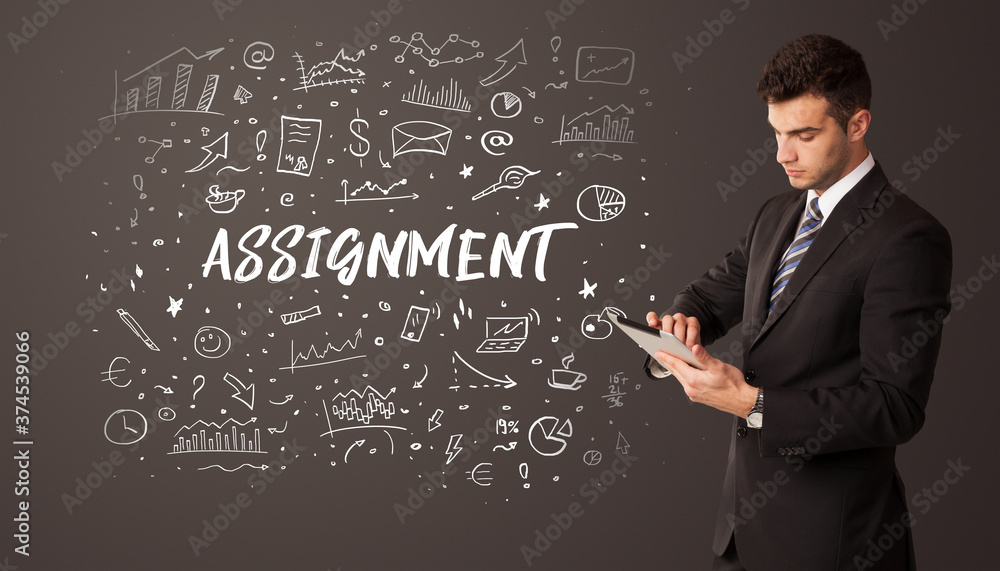 Businessman thinking with ASSIGNMENT inscription, business education concept Businessman thinking with ASSIGNMENT inscription, business education concept