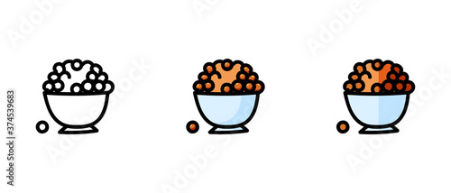 This is a set of icons with different style of red caviar. Contour and colored symbols of red caviar. Freehand drawing. Stylish solution for a website.