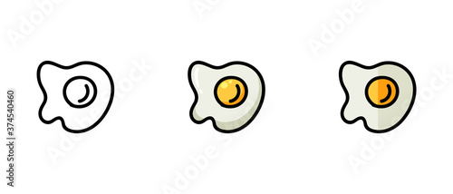 This is a set of icons with different styles of scrambled eggs. Contour and colored symbols of fried eggs. Freehand drawing. Stylish solution for a website.