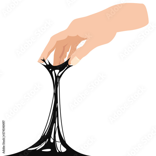 Sticky slime, reaching for stuck by the hand between fingers